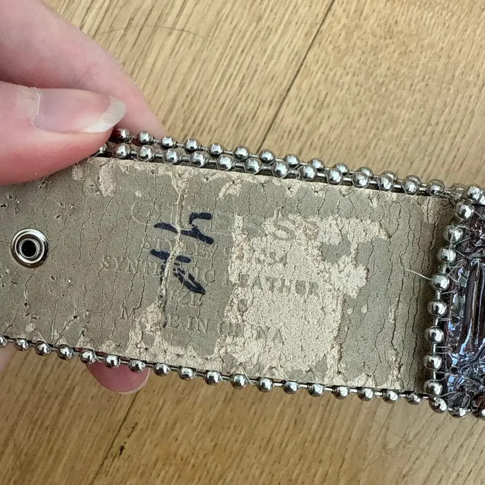 Guess Faux Leather Belt Studs Rhinestones Western Size S Brown Silver